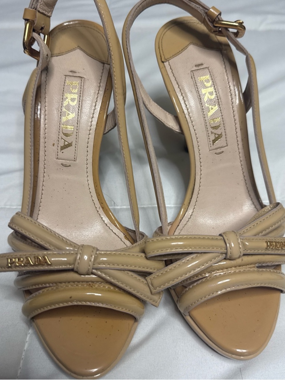 Prada Nude Patent Leather Knot Slingback Heels